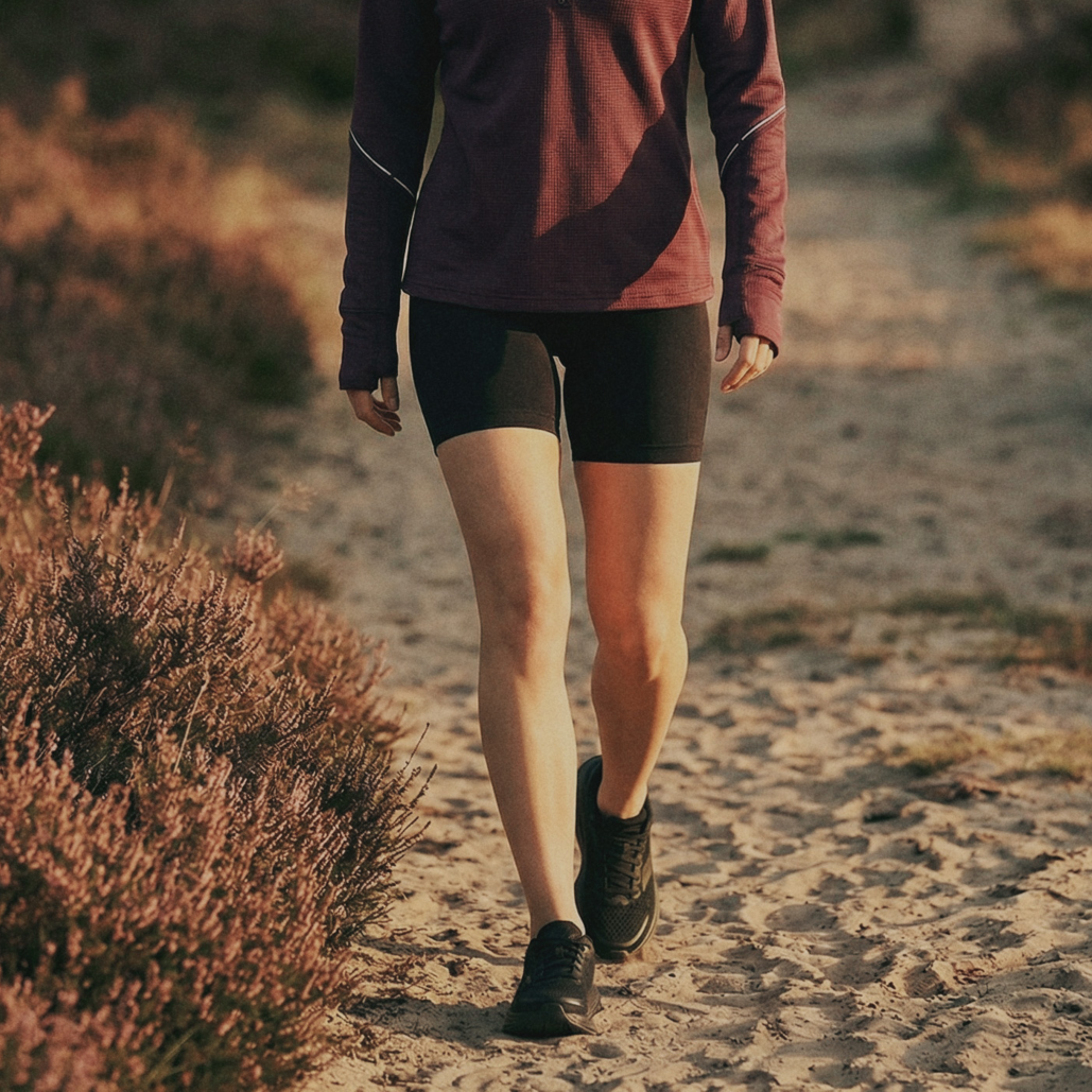 A woman walking on a sandy path in a wooded outdoor setting, wearing a dark burgundy quarter-zip athletic pullover, black running shorts, and black running shoes.